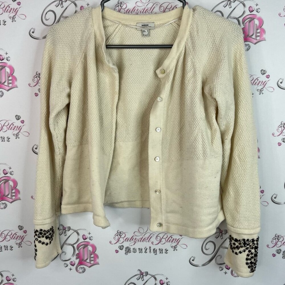 Mexx cardigan jewels sleeve trim rhinestone beaded long sleeve Cream Sweater